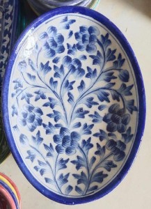 Blue Pottery Rice Plate White Floral Design 8 inch