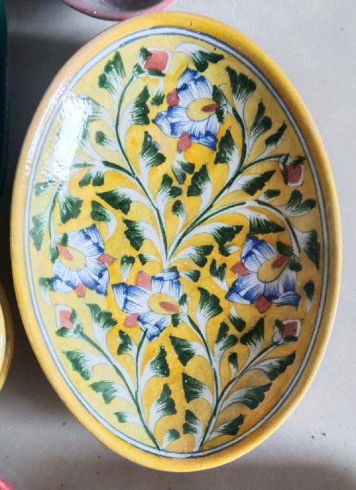 Blue Pottery Rice Plate Yellow Floral Design 8 inch