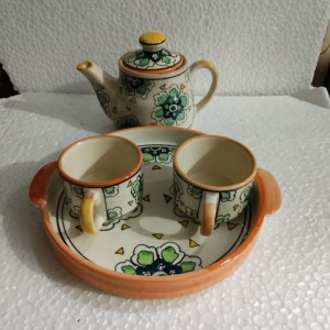 Blue Pottery Tea Kettle Set Floral Design