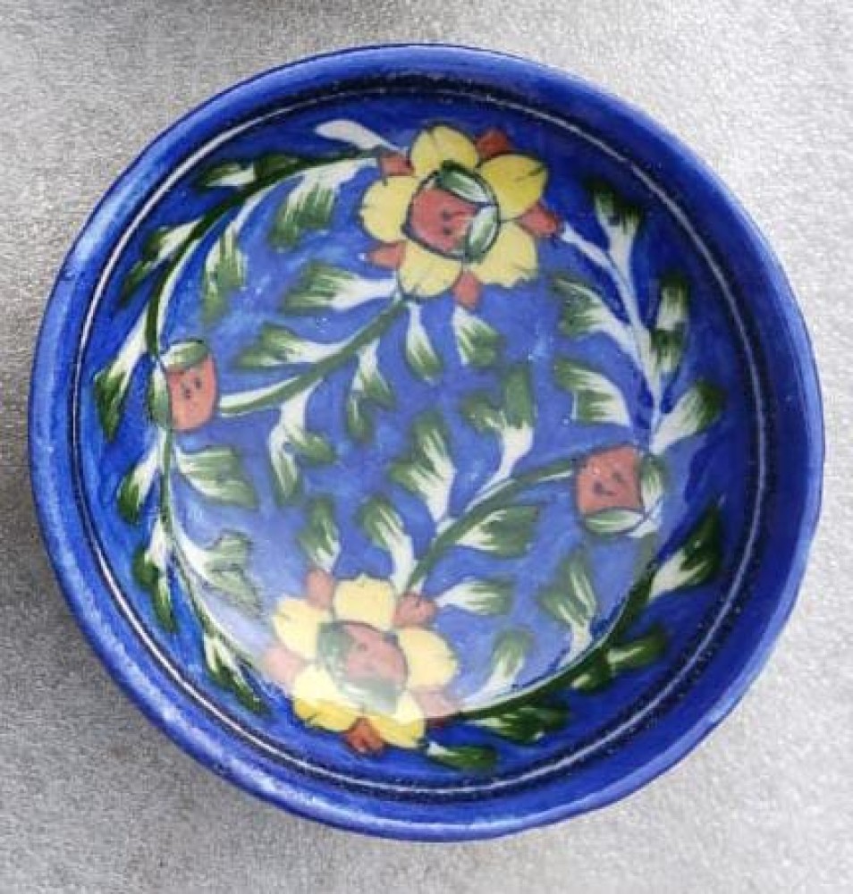 Blue Pottery Wall Plate Navy Blue & Yellow Floral Design 4 inch