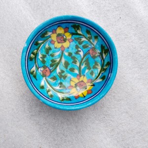 Blue Pottery Wall Plate Sky Blue & Red Floral Design 4 inch