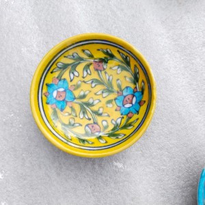 Blue Pottery Wall Plate Yellow & Red Floral Design 4 inch