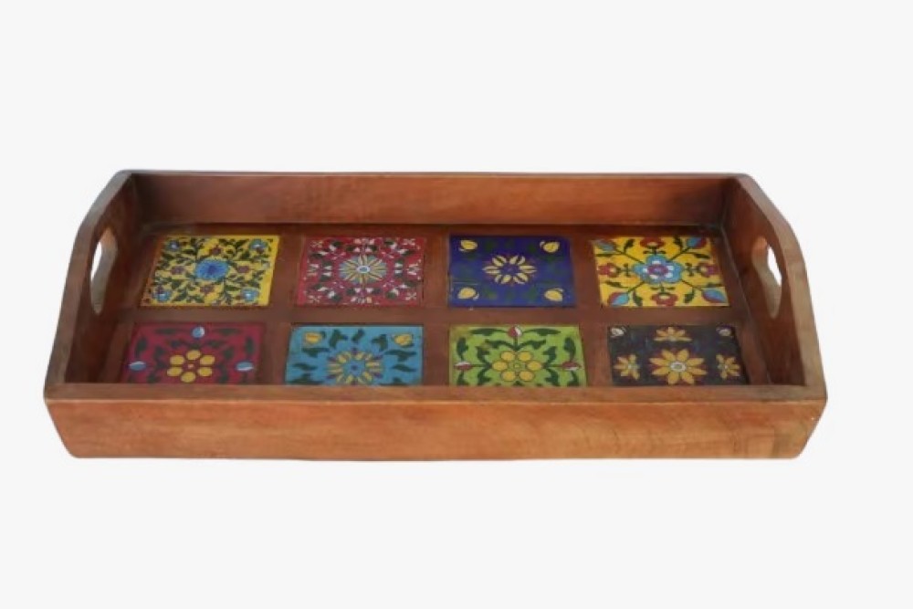 Blue Pottery Wooden Tray - 0