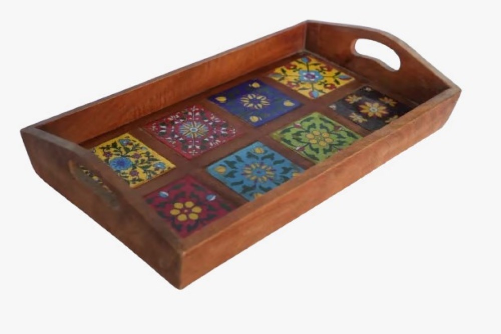 Blue Pottery Wooden Tray - 1