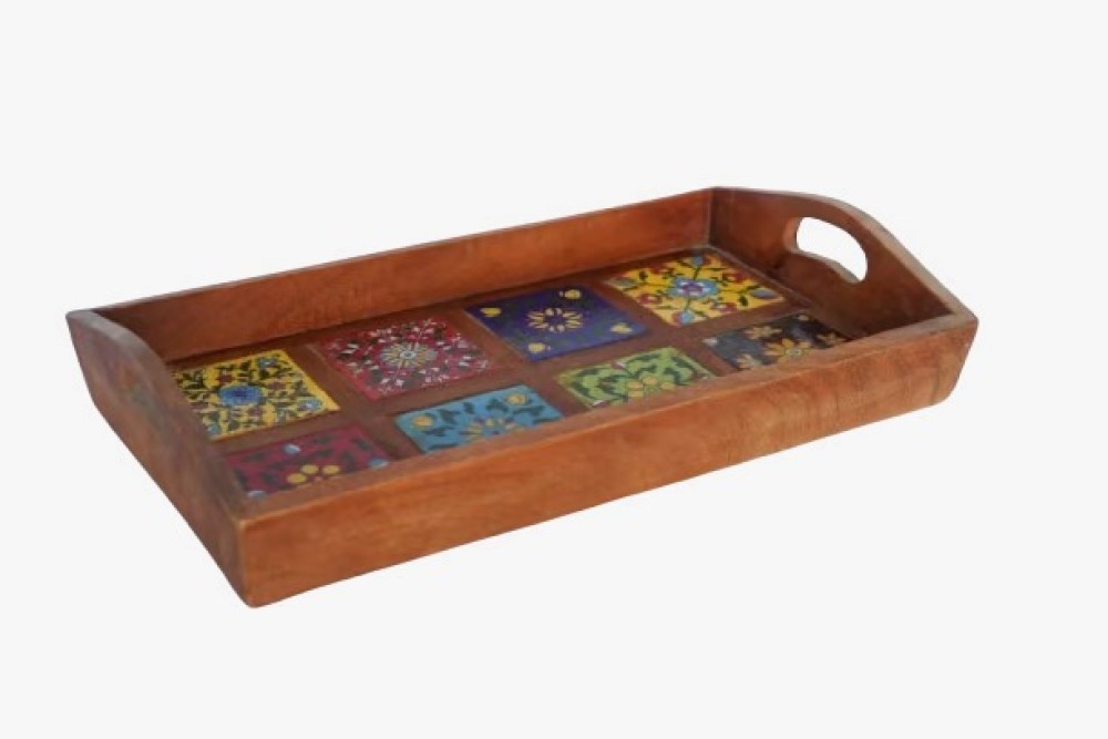 Blue Pottery Wooden Tray - 2