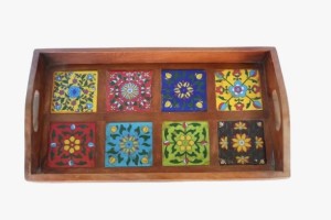 Blue Pottery Wooden Tray