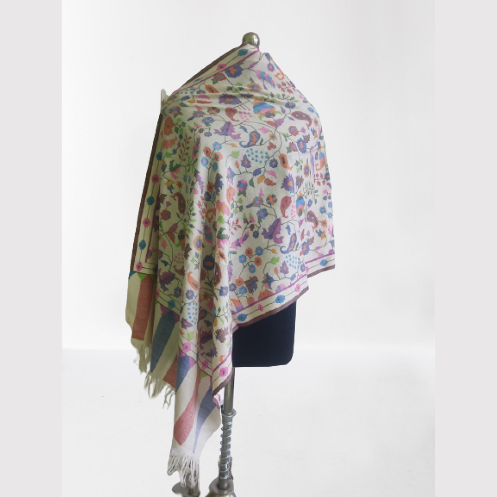 Bright Cream Floral Prints Kani Shawl