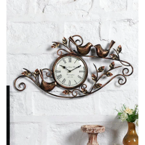 Brown Metal Analog Wall Clock With Birds