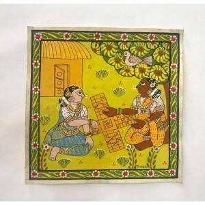 Traditional Handmade Beautiful Cheriyal Painting Of Two Folk Women Playing Pasa Game