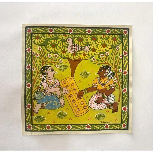 Traditional Handmade Beautiful Cheriyal Painting Of Two Women Playing Game