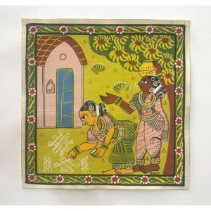 Traditional Handmade Beautiful Cheriyal Painting Of Two Women Making Rangoli