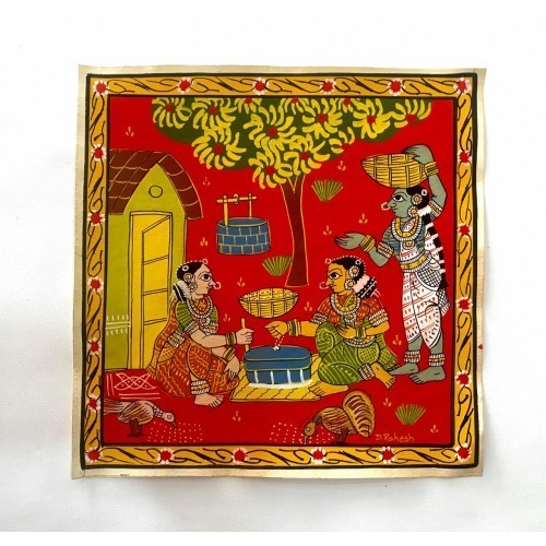 Traditional Handmade Beautiful Cheriyal Painting Of Two Women Grinding Wheat