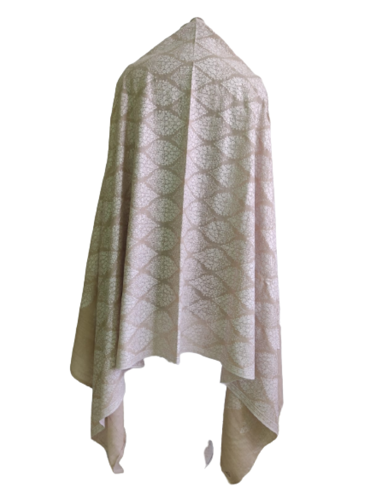 Classic White & Beige Leaf Design Kani shawl - 0