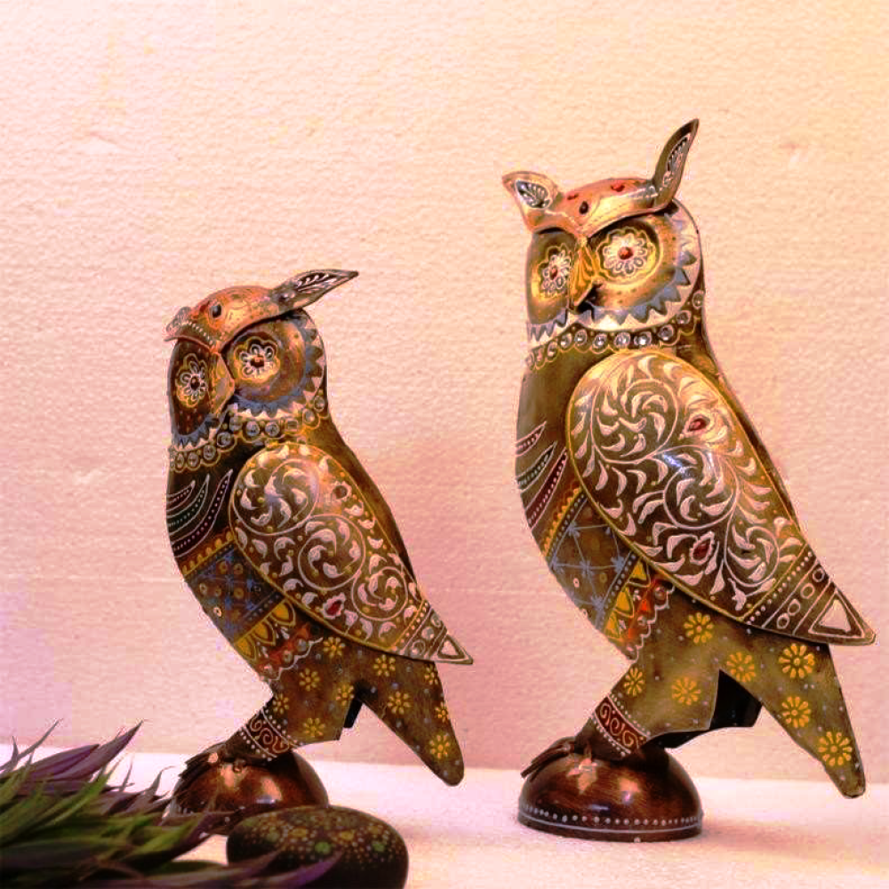 Colourful Antique Owl Set Of 2 - 0