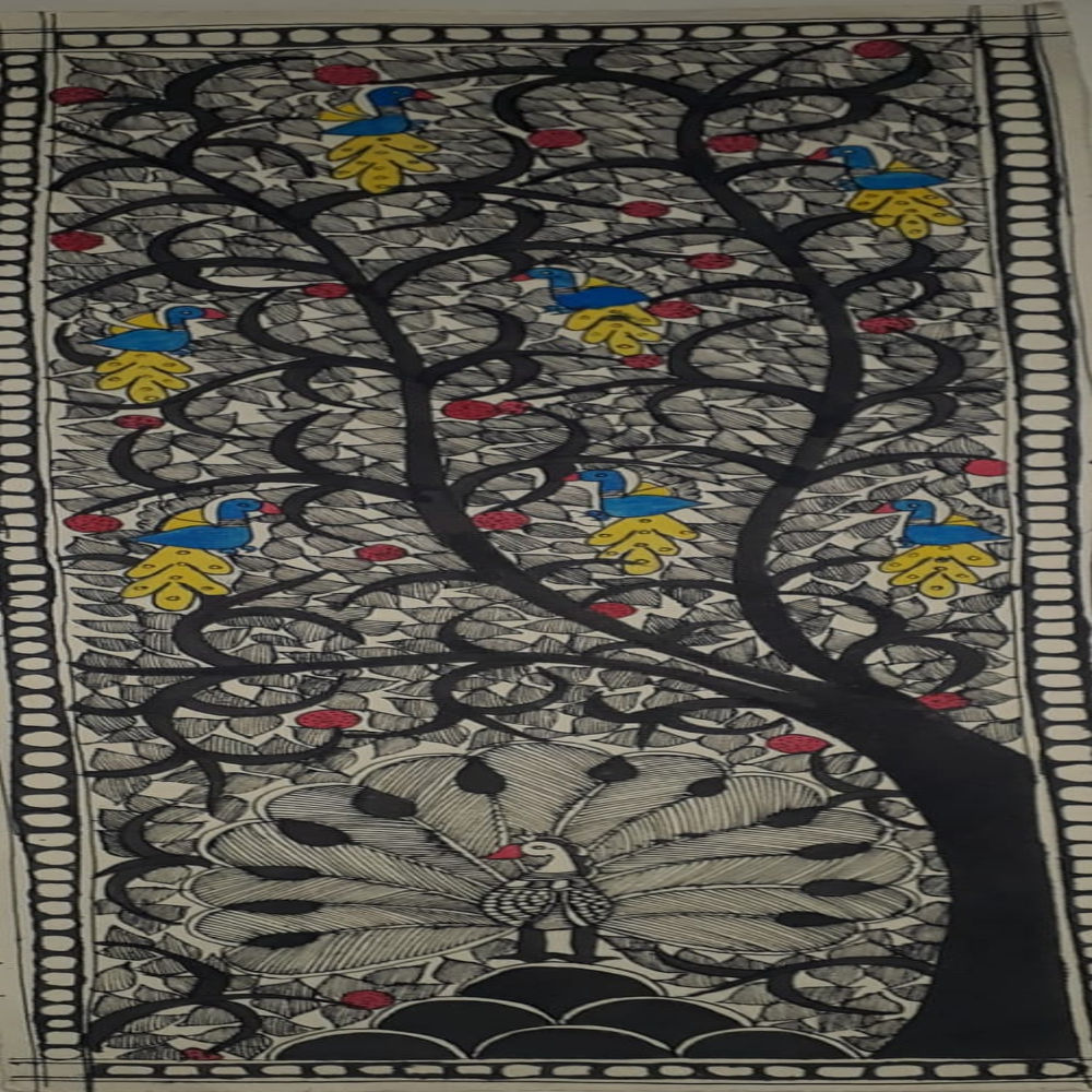 Colourful Peacock Down A tree Madhubani Painting