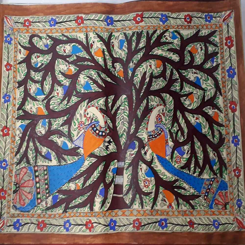 Colourful Peacocks On Tree Madhubani Painting