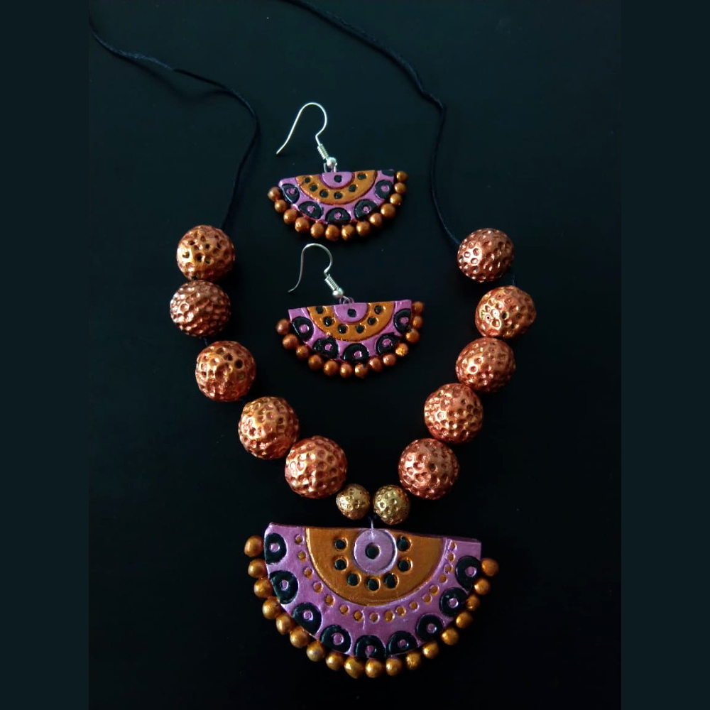 Coral & Purple shaded Molela Terracotta Clay Beautiful Necklace Set