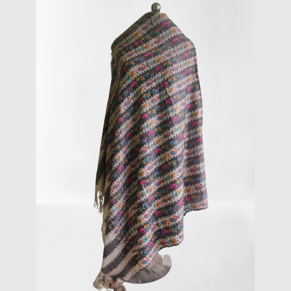 Cream Based Stripes Multicolour Floral Design Kani Shawl