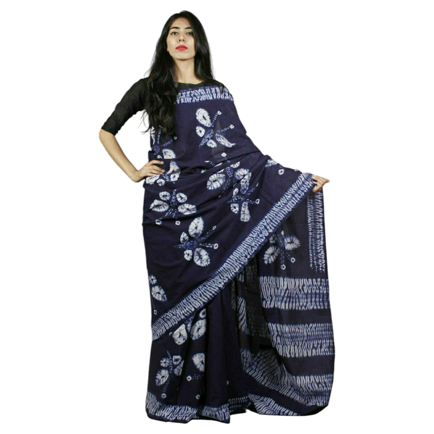 Dark Blue & Light Blue Colour with White Butterfly Bagru Print Saree