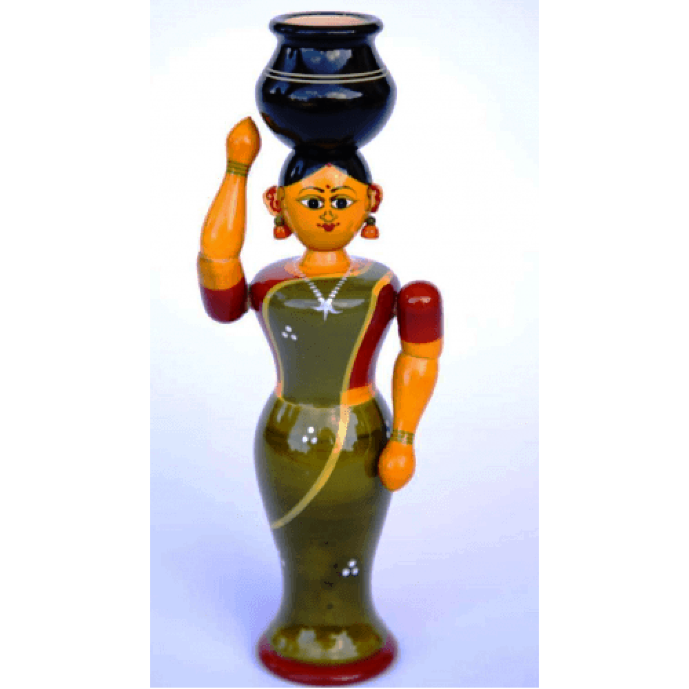 Handmade Etikoppaka Beautiful Wooden Woman With Pot For Decoration Purpose