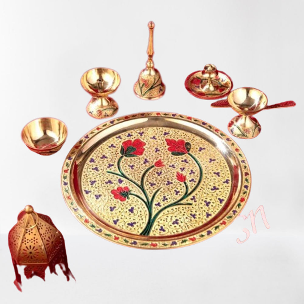 Fancy Pure Brass Matte Puja Thali Of 8