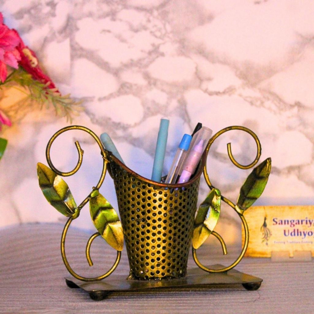 Gold Wrought Iron Vase With Pen Stand - 0