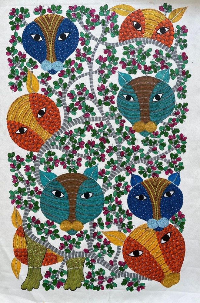 Gond Art Lion Cubs Embedded In Nature