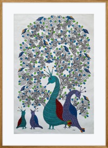 Gond Art Peacock With Baby Under A Tree