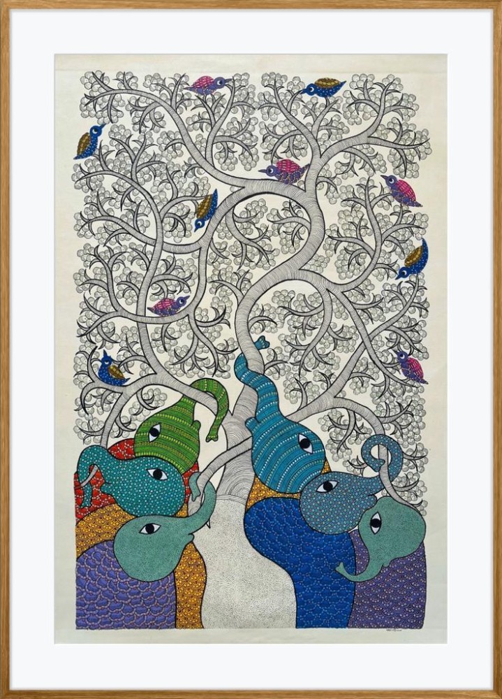 Gond Art Six Elephants Under The Tree