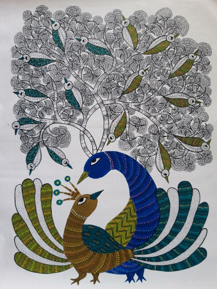 Gond Art Two Peacock Under A Tree