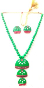 Green And White Bankura Panchmura Terracotta Craft Necklace Jewellery Set