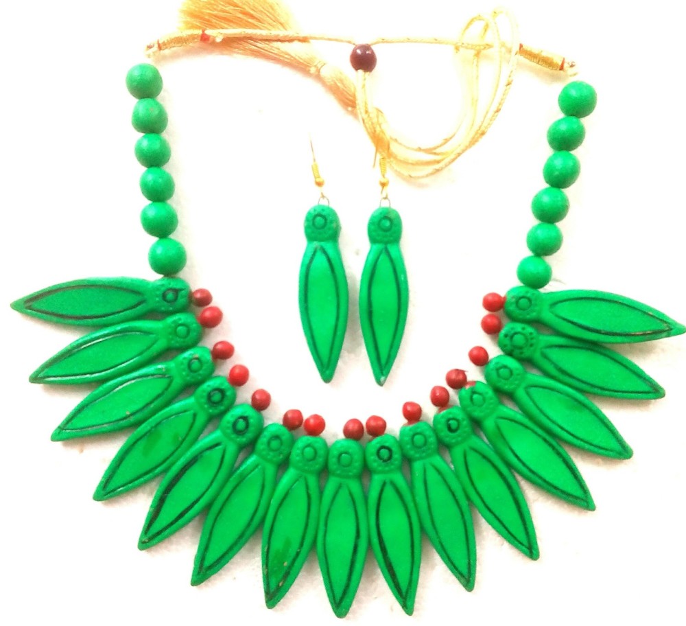 Green Bankura Panchmura Terracotta Craft Necklace Jewellery Set