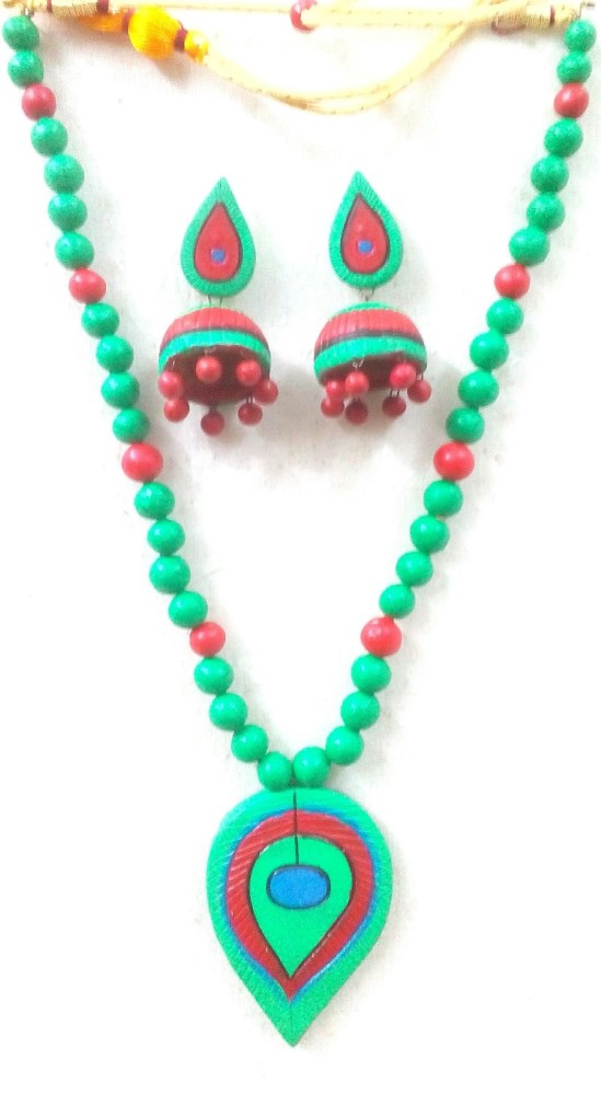 Green Leaf Design Bankura Panchmura Terracotta Craft Necklace Jewellery Set