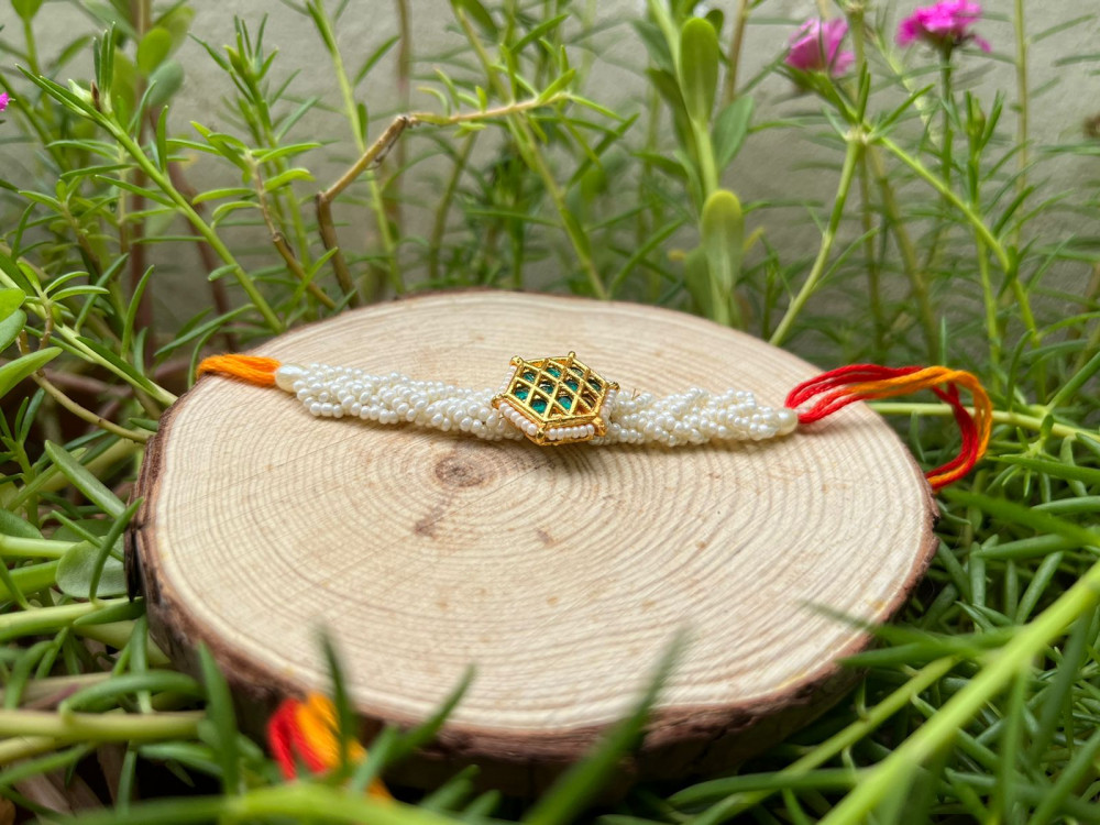 Green Stone with Multiple White Pearls Rakhi