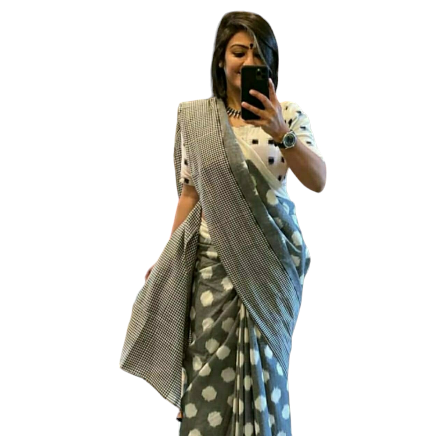 Grey with White Colour Polka Dot Bagru Print Saree