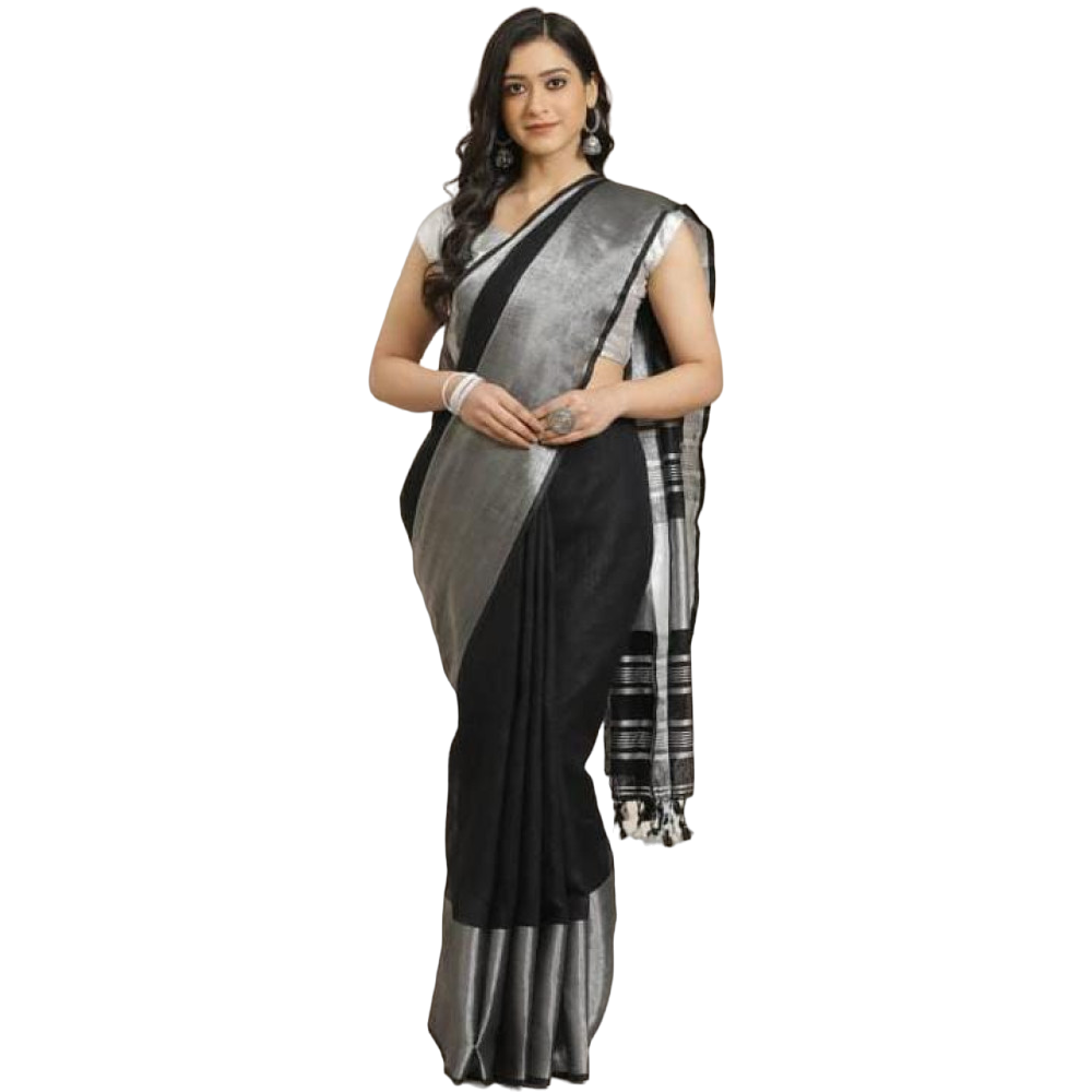 Dark Green Handloom Linen Saree in Zari Border saree