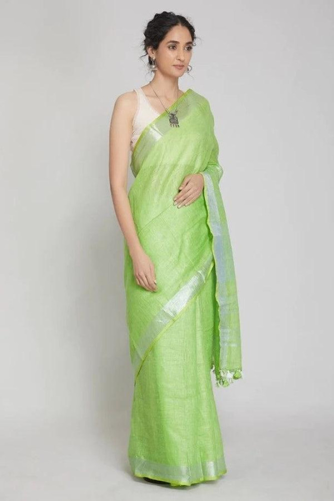 Handloom Linen Saree (Light Green) - 0