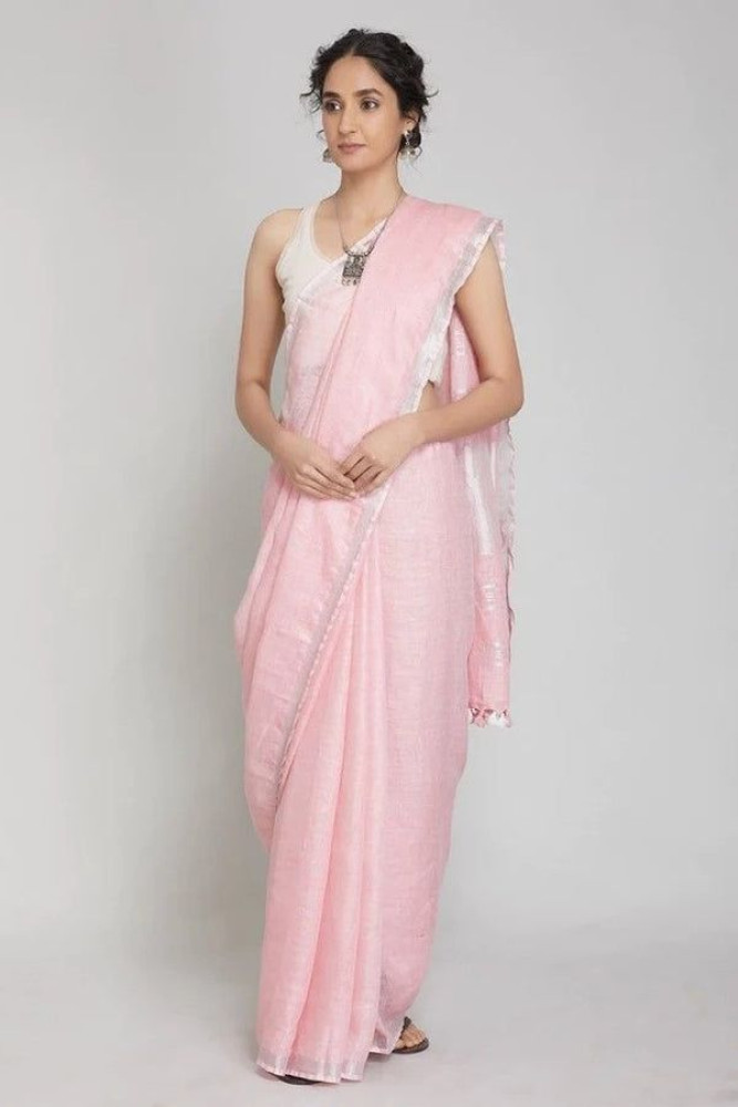 Handloom Linen Saree (Light Pink) - 0