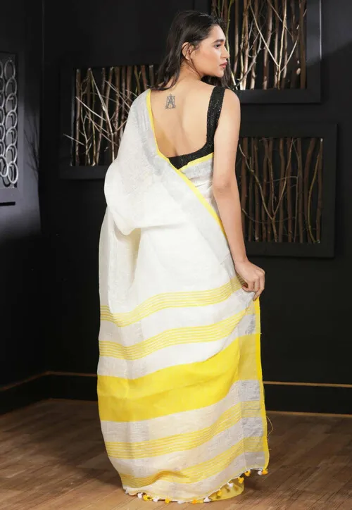 Handloom Linen Saree White With Yollow Border - 0