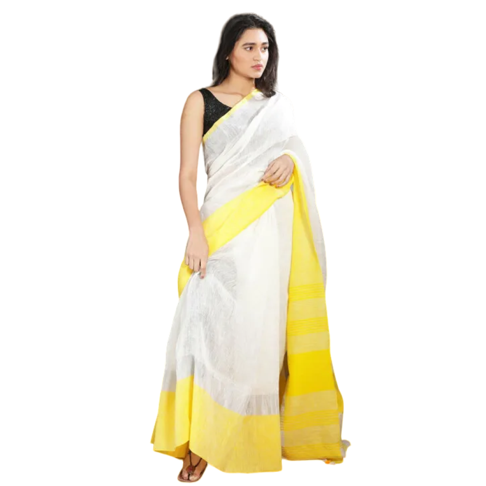 Handloom Linen Saree White With Yollow Border