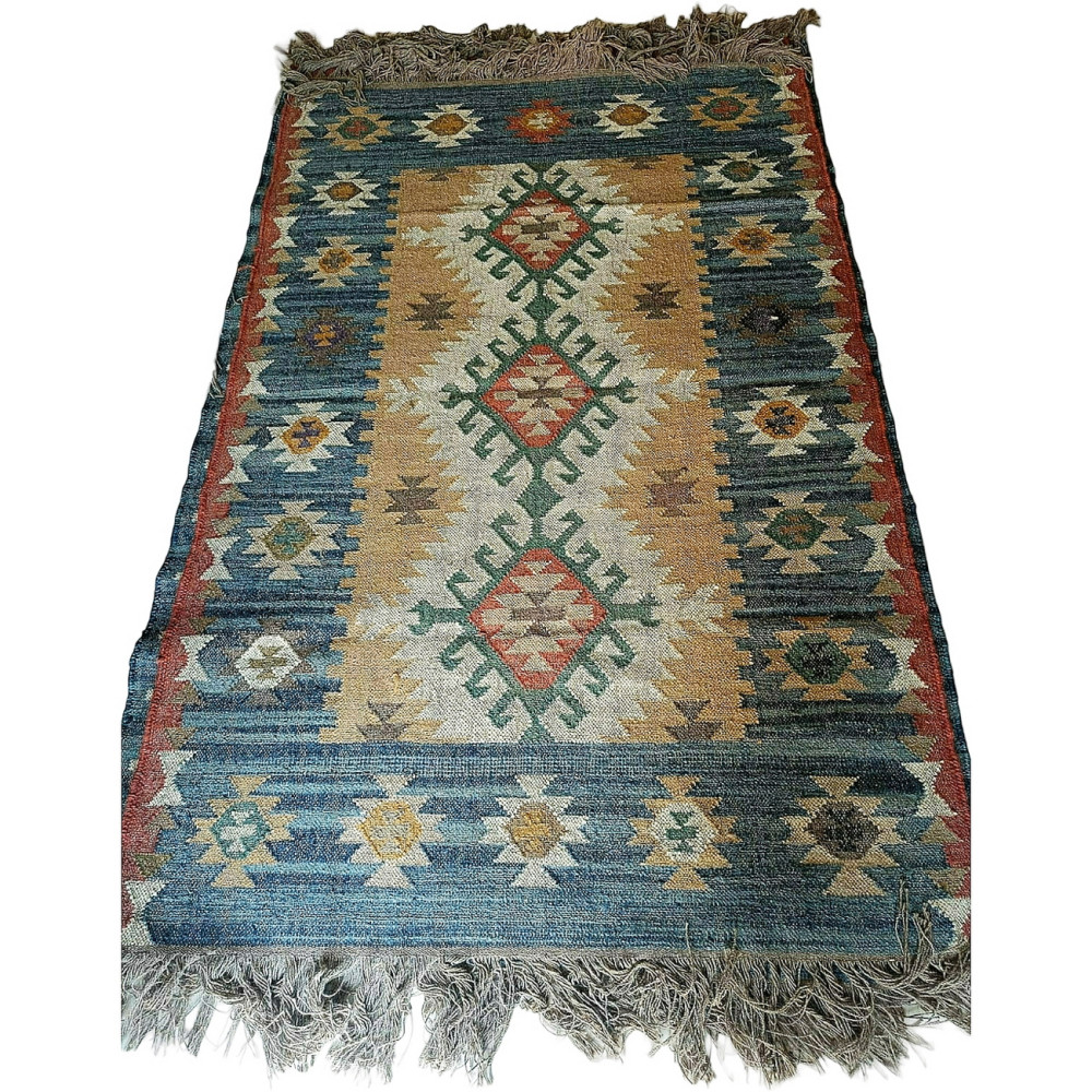 Handmade Mirzapur Kilim Rugs Wool Jute Blue