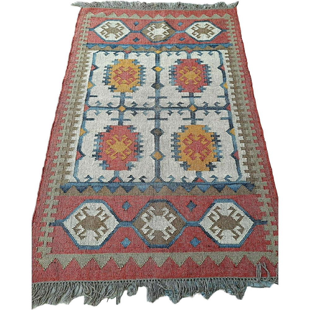 Handmade Mirzapur Kilim Rugs Wool Jute Off White Red