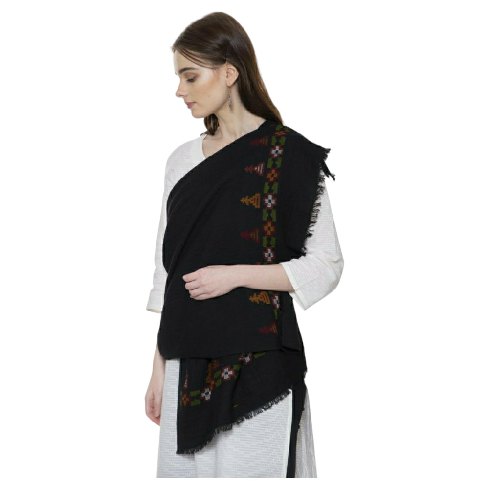 Himalayan typical Merino wool stole with temple design - 1