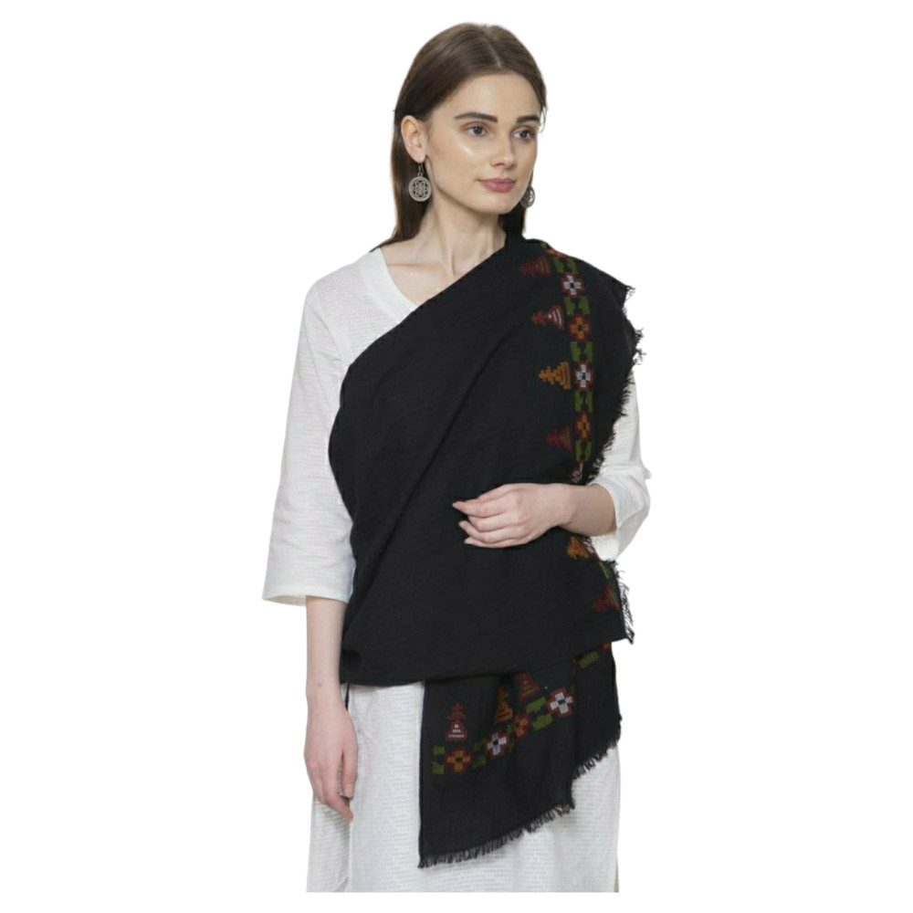 Himalayan typical Merino wool stole with temple design - 2
