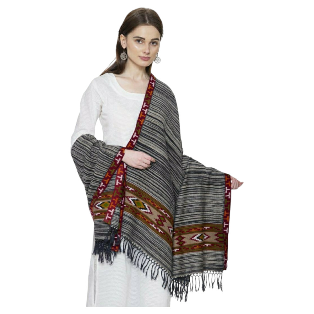 Himalayan Yak woolen shawl in kinnauri arrow design with side border - 2