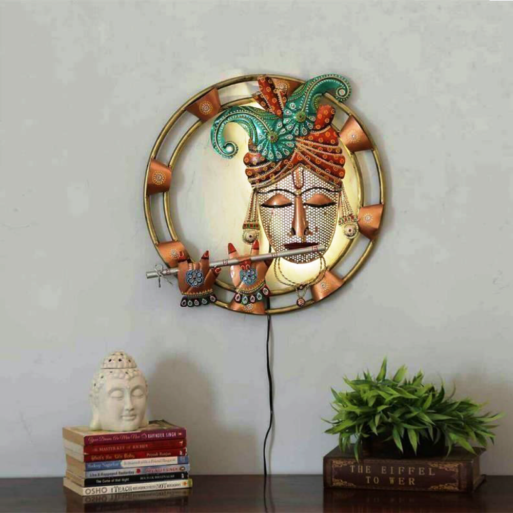 Iron Krishna With Led Metal Wall Art