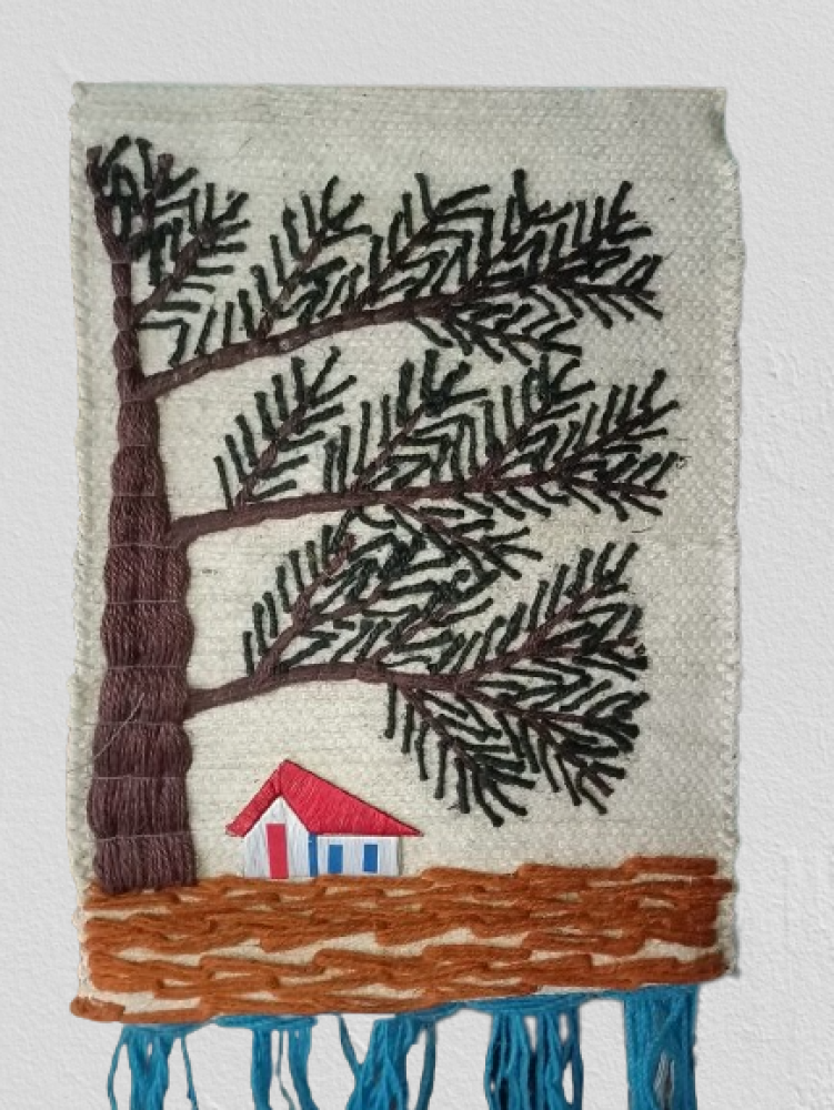 Jute Wall Hanging of a Tree and House - 0