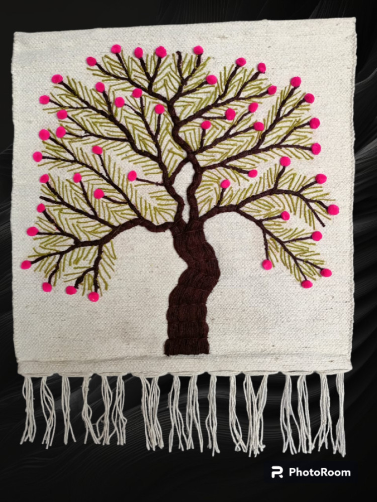 Jute Wall Hanging of Tree with Pink Flowers - 0