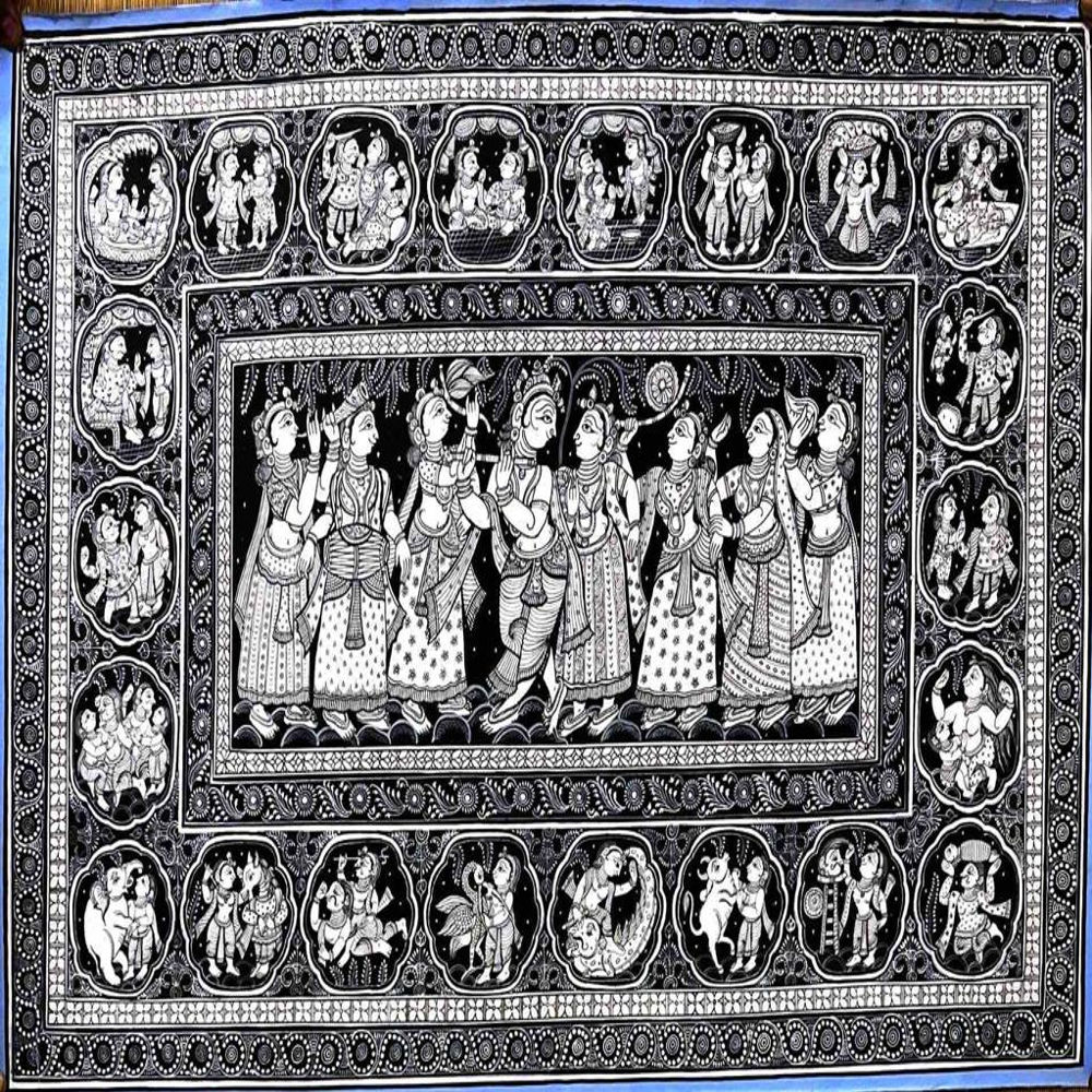 Lord Krishna B&W With Gopikas Odisha Patchithra (19x13 inch)