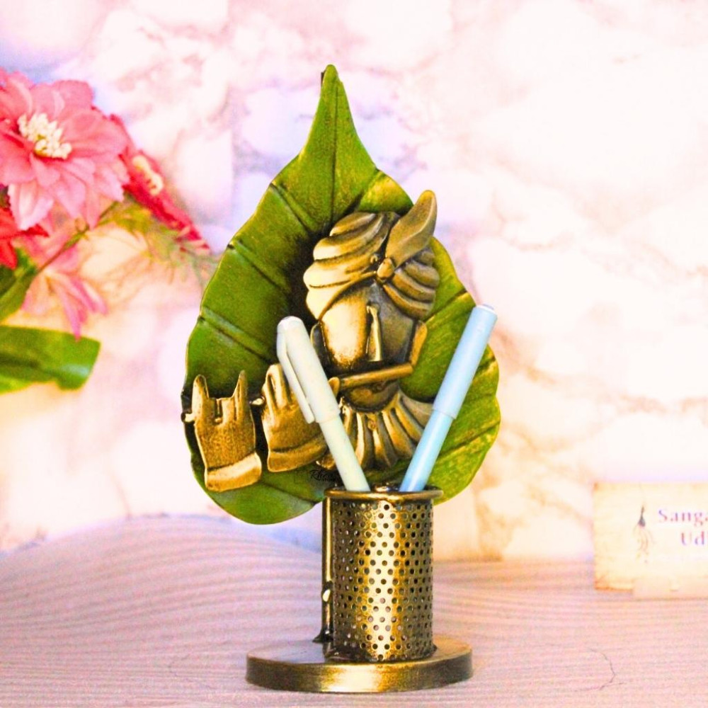 Metal Krishna On Leaf With Flute Pen Stand - 0